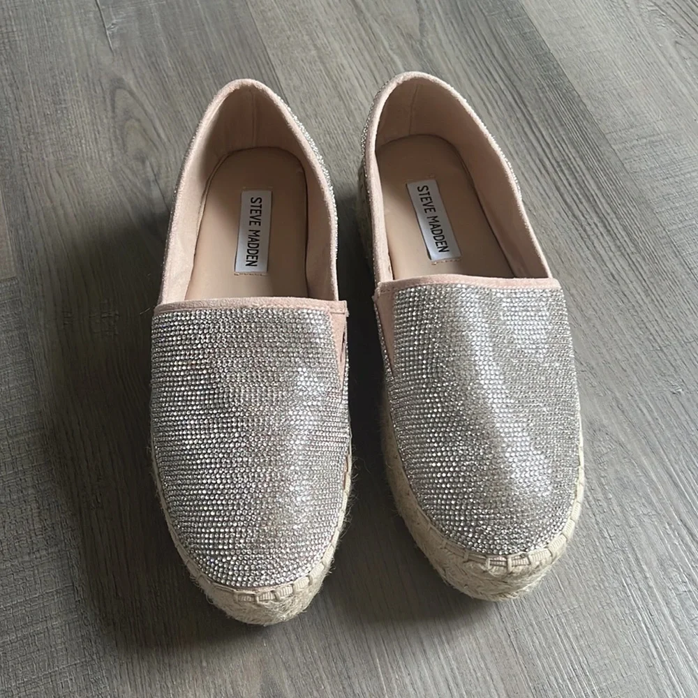 Steve Madden Crystal-Embellished Nude Espadrille Platform Slip-Ons